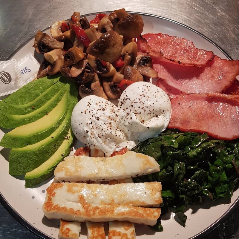 Breakfast plate with poached eggs, avocado, halloumi, mushrooms, bacon and spinach